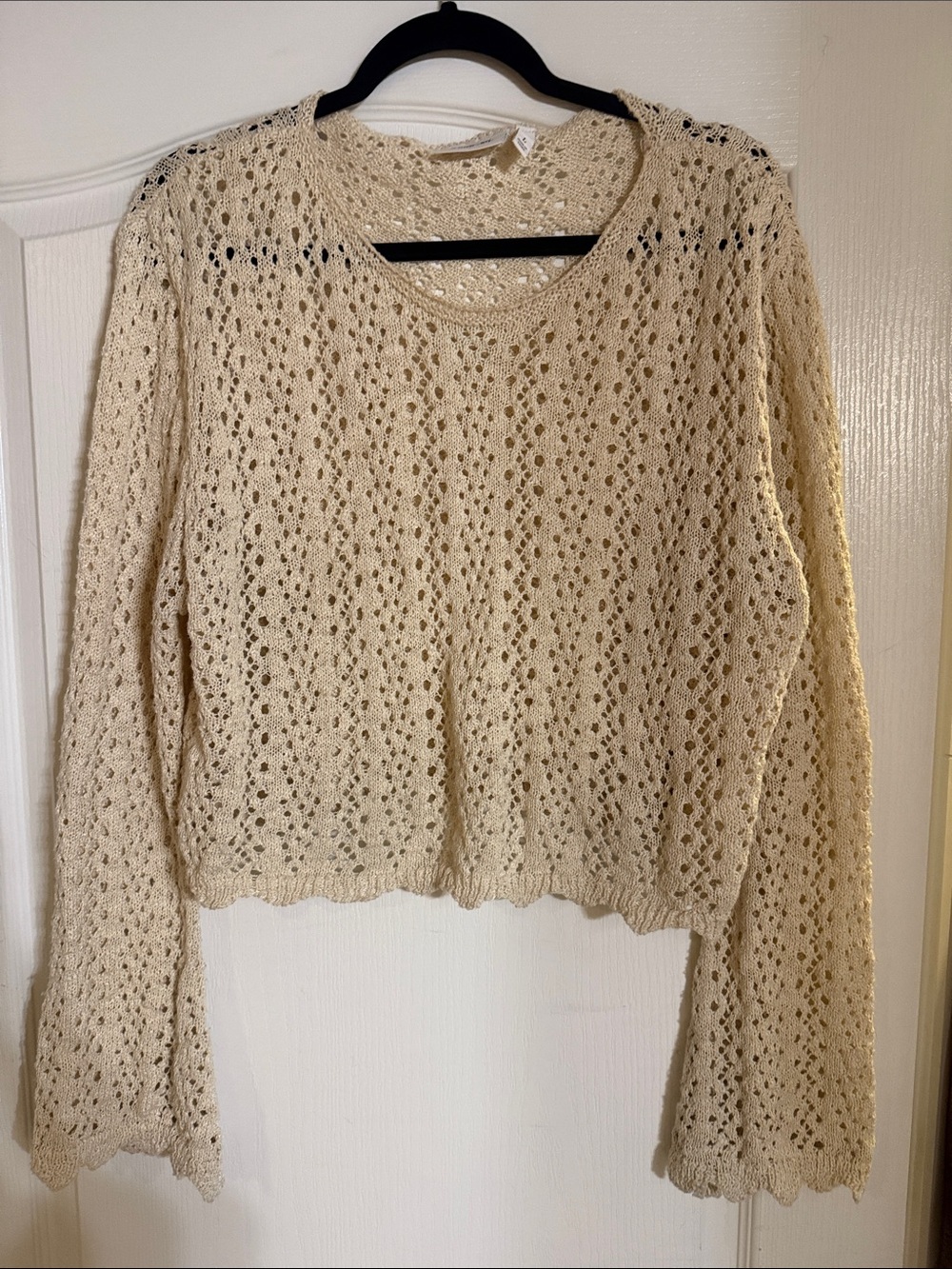 Crochet Openwork Long-Sleeve Top - Cream